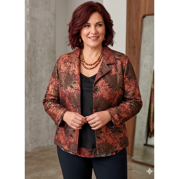 Chico's Jackets & Blazers - Chicos Womens Size 2 Burgundy Gold Metallic Floral Brocade Blazer Jacket Evening